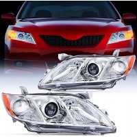 Headlight Assembly Compatible with 2007 2008 2009 Toyota Camry Headlamps Replacement Chrome Housing Amber Reflector Driver and Passenger Side