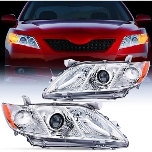 Headlight Assembly Compatible with 2007 2008 2009 Toyota Camry Headlamps Replacement Chrome Housing Amber Reflector Driver and Passenger Side